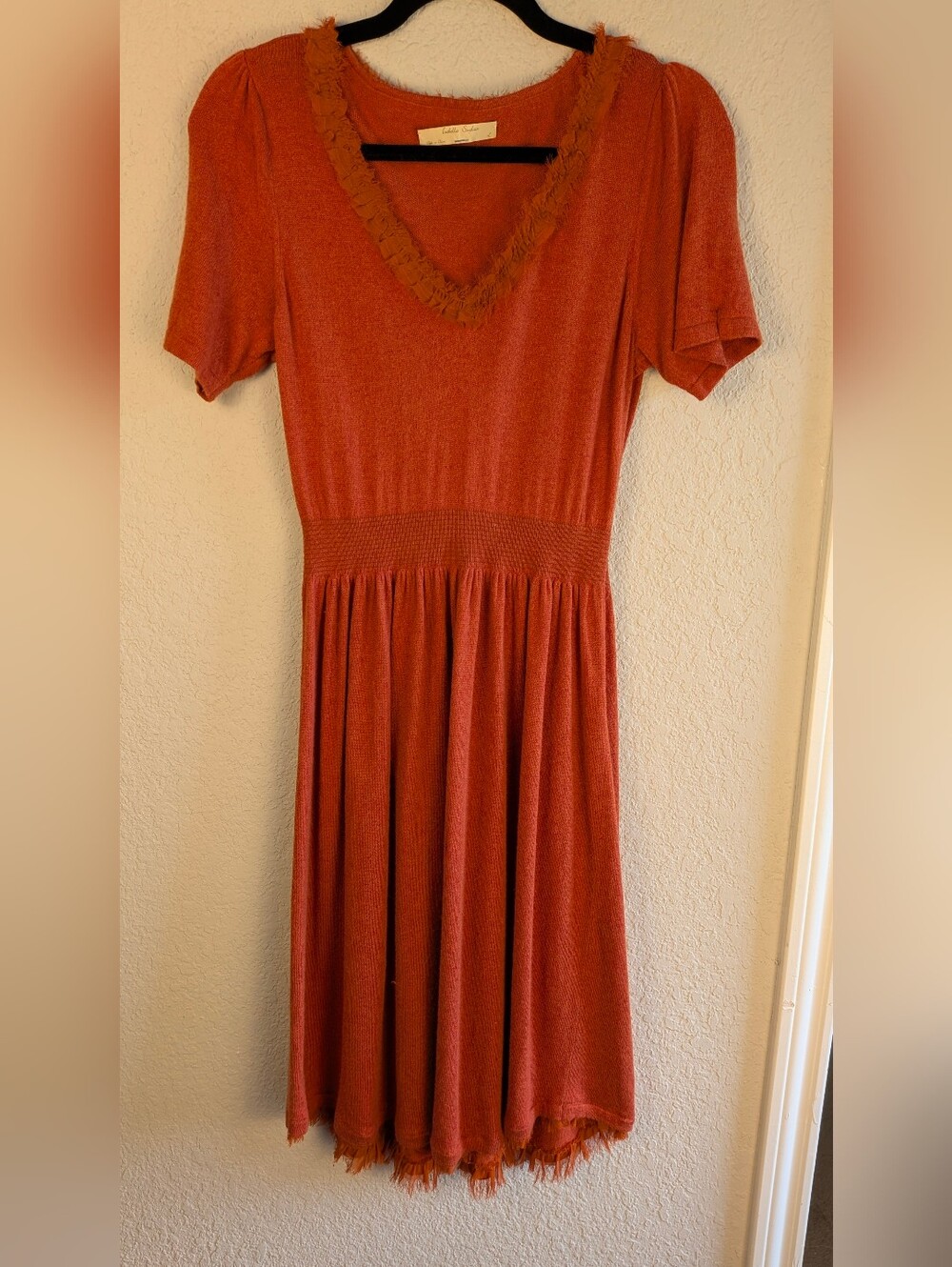 Anthropologie Isabella Sinclair Knit Dress L Pumpkin Orange Ruffle Trim SEE PICS
